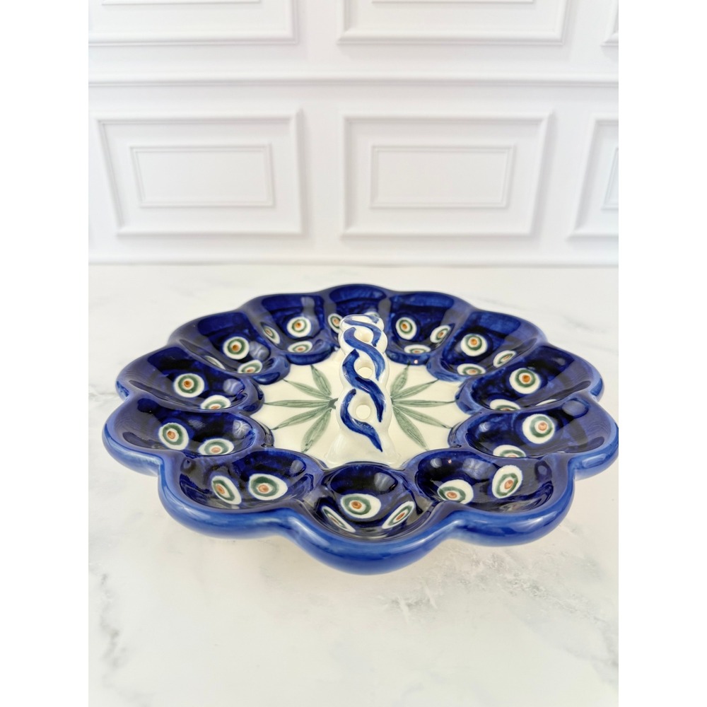 VTG Blue Rose Polish Pottery Egg Plate with Handle Boleslawiec Peacock Design - Picture 2 of 7